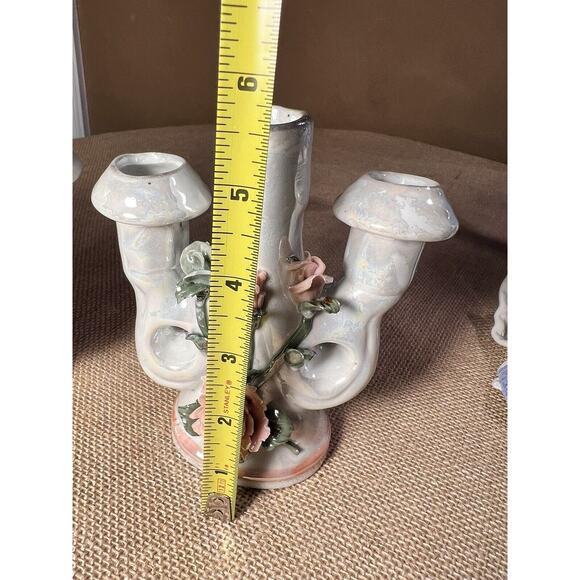 Lusterware Mid Century Opalescent Porcelain Rose Candelabra--Set of 2--Vintage - Picture 9 of 12